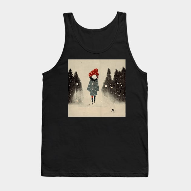 Image of girl in a big red toque walking in the snow as the flakes begin to fall. Tank Top by Liana Campbell